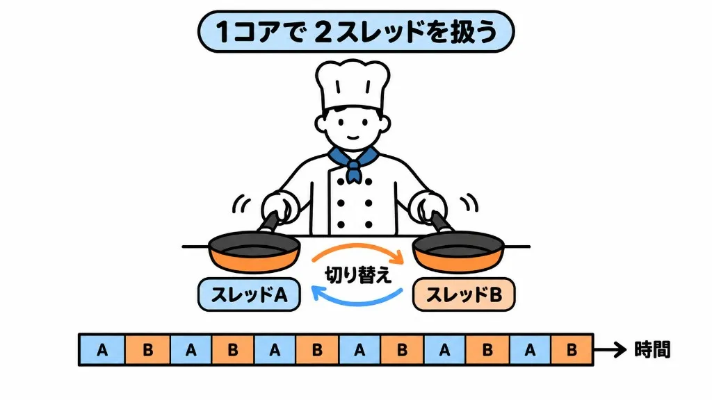 1コアで2スレッドを扱う例。一人のシェフが二つのフライパンを交互に切り替え、時間の流れではAとBが交互に並ぶ。